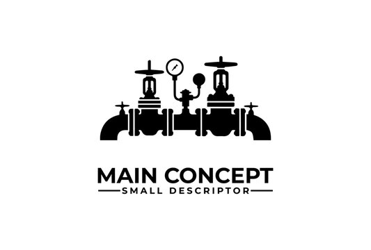 Black silhouette logo of an industrial pipeline system with multiple valves and a pressure gauge, featuring text 'MAIN CONCEPT' and 'SMALL DESCRIPTOR' below.