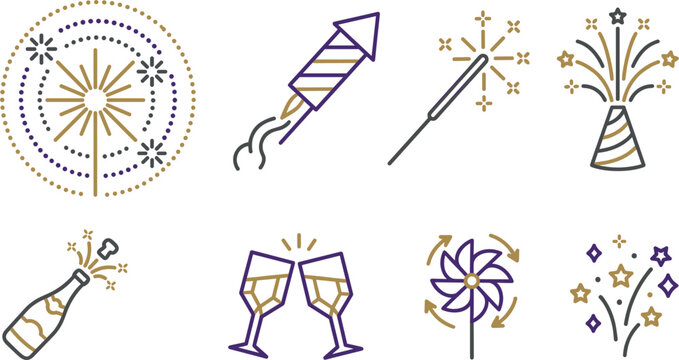 New Year Party and Festival Fireworks Color Line Icon Set Featuring Rocket Sparkler Champagne Bottle and Toasting Wine Glasses for Celebration Graphic Designs