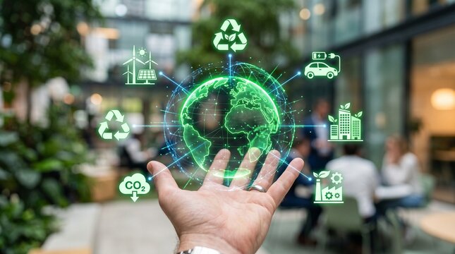 Sustainable business vision featuring hand holding green earth hologram with icons for energy transition and environmental conservation