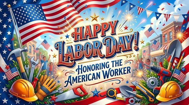 Happy Labor Day American Worker Celebration, Fireworks, Tools, Flags