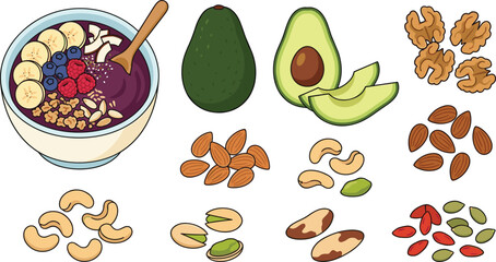 Healthy acai berry smoothie bowl vector illustration set with fresh avocado halves almonds walnuts cashews pistachios and mixed nuts © Sojol