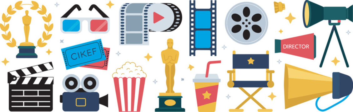 Cinema icon set, vector cartoon flat collection featuring movie cameras, popcorn, clapperboards, film reels, tickets, Hollywood Oscar awards, posters, and cinematography elements isolated 