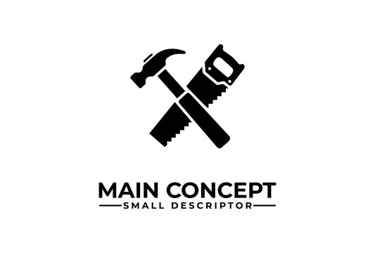 Black silhouette of a crossed hammer and hand saw, symbolizing construction, carpentry, or repair work, with text 'MAIN CONCEPT' below.