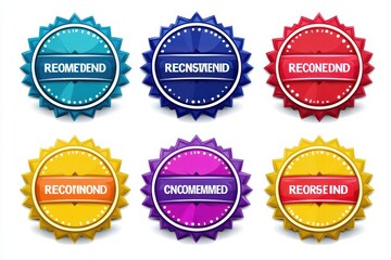 Fototapeta premium six colorful glossy rosette badges with ribbon banners, dotted inner rings and starburst edges, bright playful celebratory award-style emblems