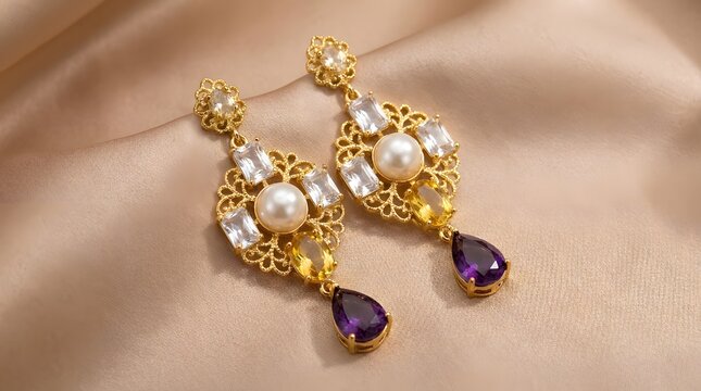 Gold Pearl Cluster Earrings with Purple Amethyst Drop on Beige Silk