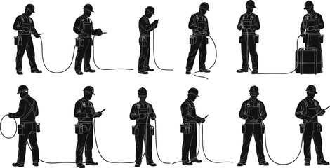 Cable handling silhouette icon set, electrician worker, wire inspection, handheld device, field technician, construction labor, safety process, teamwork activity © MSTMISLA
