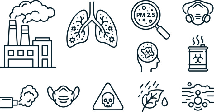 Air Pollution Environmental Toxicity and Respiratory Health Line Icon Set Featuring Factory Smoke Lungs PM2.5 and Toxic Waste Warning Symbols for Infographics