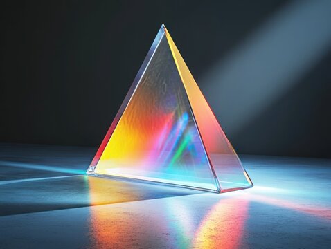 transparent triangular glass prism on reflective floor scattering multicolored rainbow light in a dark studio with a soft spotlight, serene and mesmerizing glow