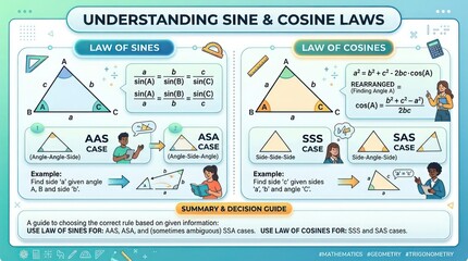 Obraz premium Geometric guide for sine and cosine laws triangle trigonometry rules for geometry class.