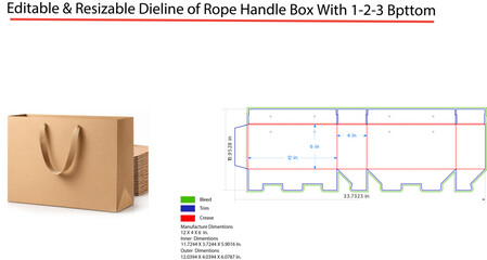 Dieline template for a rope handle paper shopping bag with 1-2-3 bottom © Rafiqul
