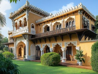 Obraz premium sunlit ornate ochre villa with carved white arches, wooden balcony, manicured green lawn and tropical plants evoking serene elegant charm