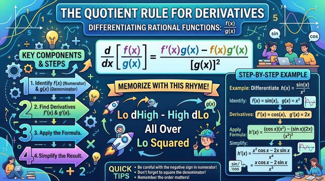 Math study poster showing step by step quotient rule for derivatives with rhyme aid.