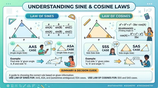 Geometric guide for sine and cosine laws triangle trigonometry rules for geometry class.