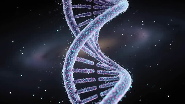Shimmering DNA helix spiraling through cosmic space exploring the wonders of life and universal mysteries