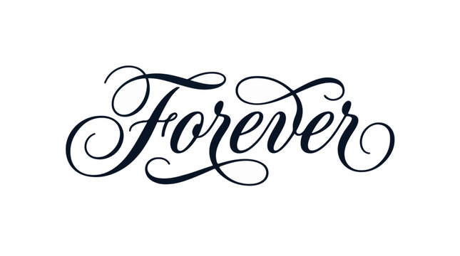 Forever word in elegant black calligraphy script with decorative flourishes on white background