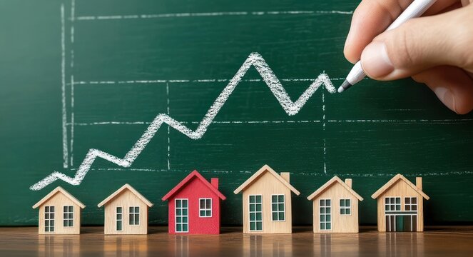 hand drawing an upward chalk graph over a row of small wooden houses with one red house, symbolizing housing market growth and optimistic progress