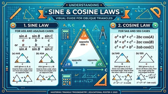 Comprehensive visual guide for understanding sine and cosine laws in oblique trigonometry.