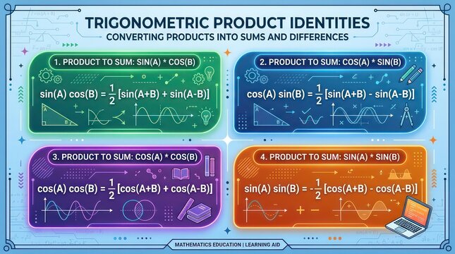 Mathematical guide illustrating trigonometric product to sum identities for students.