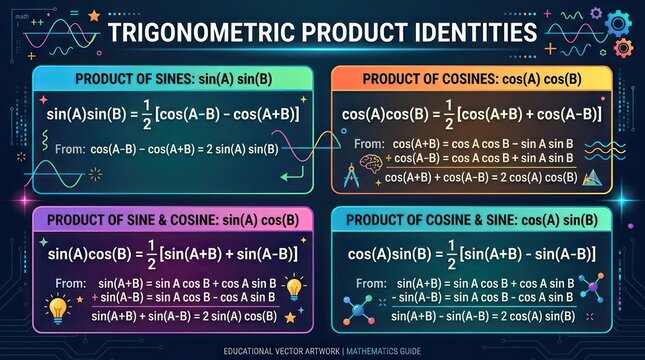 Trigonometric product identities educational infographic showing sine and cosine formulas.