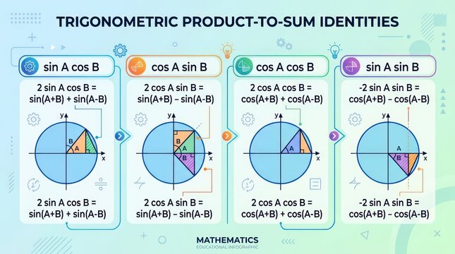 Trigonometric product to sum identities displayed on unit circle educational infographic.