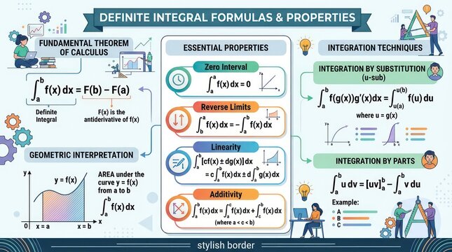 Definite integral math educational poster showing calculus formulas and geometric graphs.