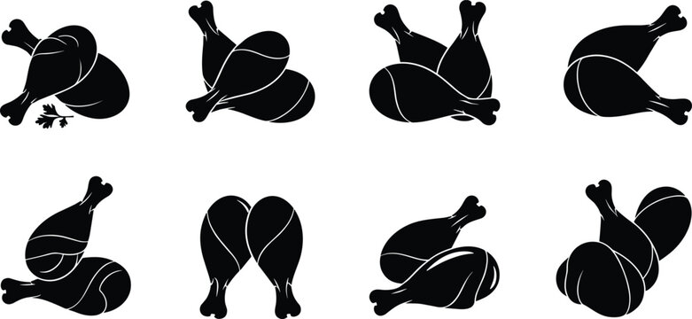 Chicken drumstick pair silhouette icon set, food illustration, meat graphic, cooking element, vector pictogram, black kitchen symbol, culinary design