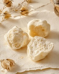 Fototapeta premium Professional photo of delicate dried blooms and airy confections with refined texture soft light and clean copy space for premium lifestyle background
