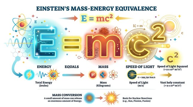 Mass energy equivalence formula explanation with atomic particle and light speed constants.