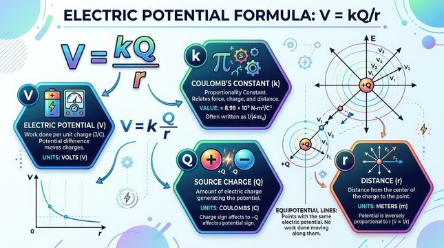 Educational physics guide displaying electric potential equation and key variables details.