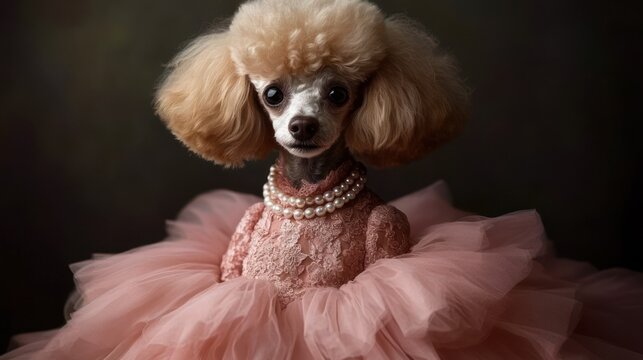 Regal apricot poodle in pink lace bodice and voluminous tulle dress wearing pearl necklaces, poised studio portrait conveying elegant and dignified charm