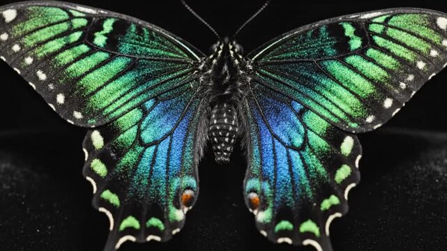 vibrant emerald green and blue butterfly against a dark background, insect close up macro shot