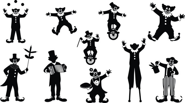 Circus clown silhouettes, juggling icons, unicycle balance, dancing pose, accordion player, stilts walking, gift box, playful performance, entertainment illustration