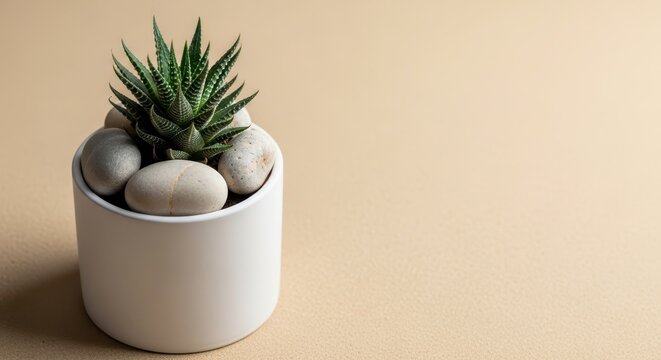 Small potted plant with stones inside.
