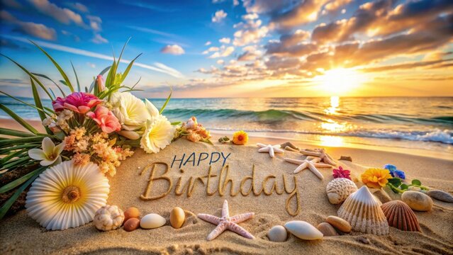 Happy birthday postcard on sandy beach with flowers and shells