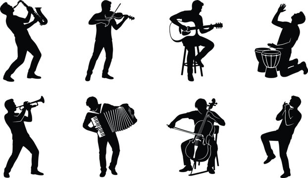 Musician Silhouette Icon Set with Guitar, Violin, Saxophone, Trumpet, Cello and Percussion Performers
