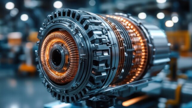 Close-up of polished electric motor rotor and stator with glowing copper windings in a factory setting, conveying precision and high-tech energy