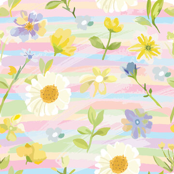 Beautiful watercolor floral flower and green leaf on colorful background seamless pattern