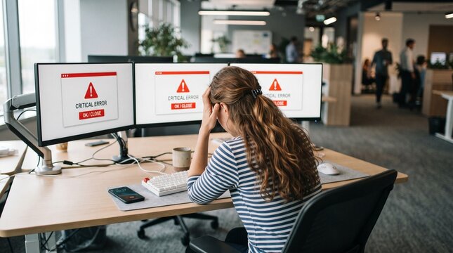 Woman experiencing computer error in modern office setting with multiple monitors