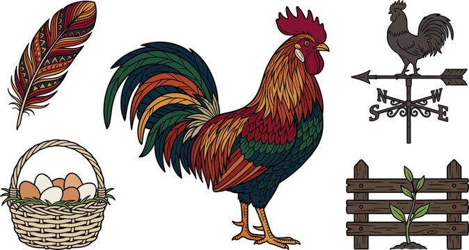 Vintage Farmhouse Rooster Illustration Set Featuring Colorful Cockerel Weather Vane Egg Basket Wooden Fence and Patterned Feather Elements for Country Graphic Designs