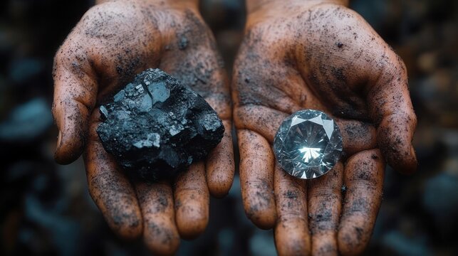 Two dirty palms holding a rough chunk of coal and a sparkling cut diamond, gritty contrast between labor and hope