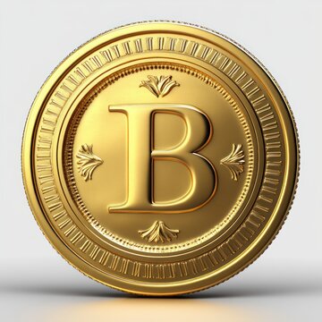 ornate shiny gold coin embossed with the letter b on a neutral background conveying luxury and value