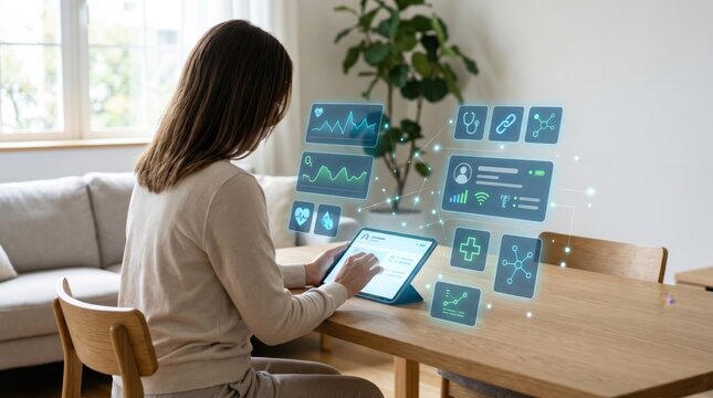 Woman using tablet with futuristic holographic health data icons floating above screen for telemedicine and digital healthcare monitoring at home