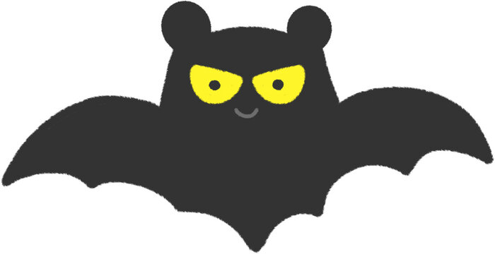 Cute cartoon black bat with round ears and glowing yellow eyes vector illustration