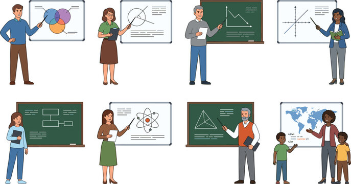 Teachers and professors standing at board presenting charts map science diagrams presentation lecture flat cartoon vector set