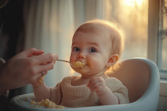 Baby in high chair being spoon-fed by caregiver at sunlit window, wearing a cozy sweater and reaching for the spoon in a warm tender feeding moment