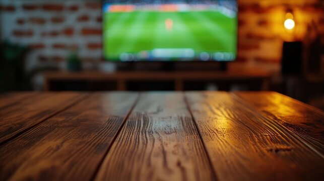 Empty rustic wooden table in a cozy living room with blurred television showing a soccer match and warm ambient lighting, evoking anticipation and relaxation