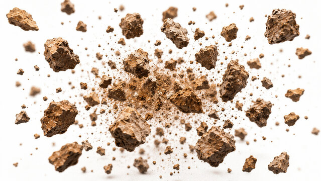 Flying Brown Rock Debris Explosion Isolated on White Background