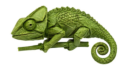 Naklejka premium Origami Chameleon Paper Sculpture with Curled Tail on Transparent Background