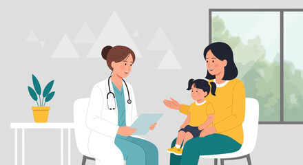 Obraz premium Doctor examining a child with mother in clinic, healthcare and medical care concept