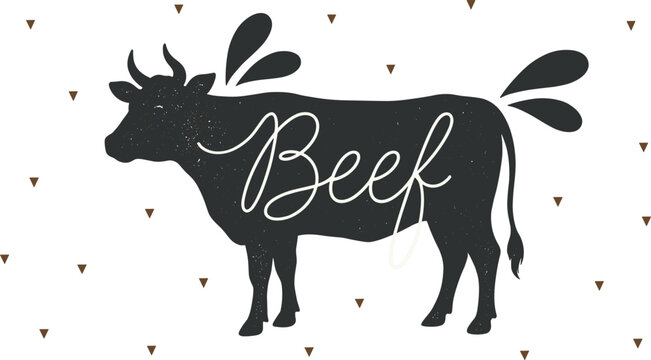 Vintage beef butchery emblem featuring stylized cow silhouette with elegant cursive typography and triangle patterns